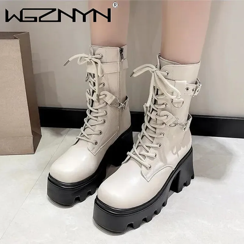 NEW Brand Gothic Style 8.5CM Platform Vampire Cosplay Women Mid-calf Boots 2024 Winter Wedges Comfy Women Motorcycle Boots Shoes