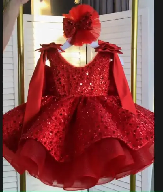 Beaded bow puff skirt Children Baptism Outfit Gorgeous Girls' Performance Princess Dress 3-14 year old flower girl Customized