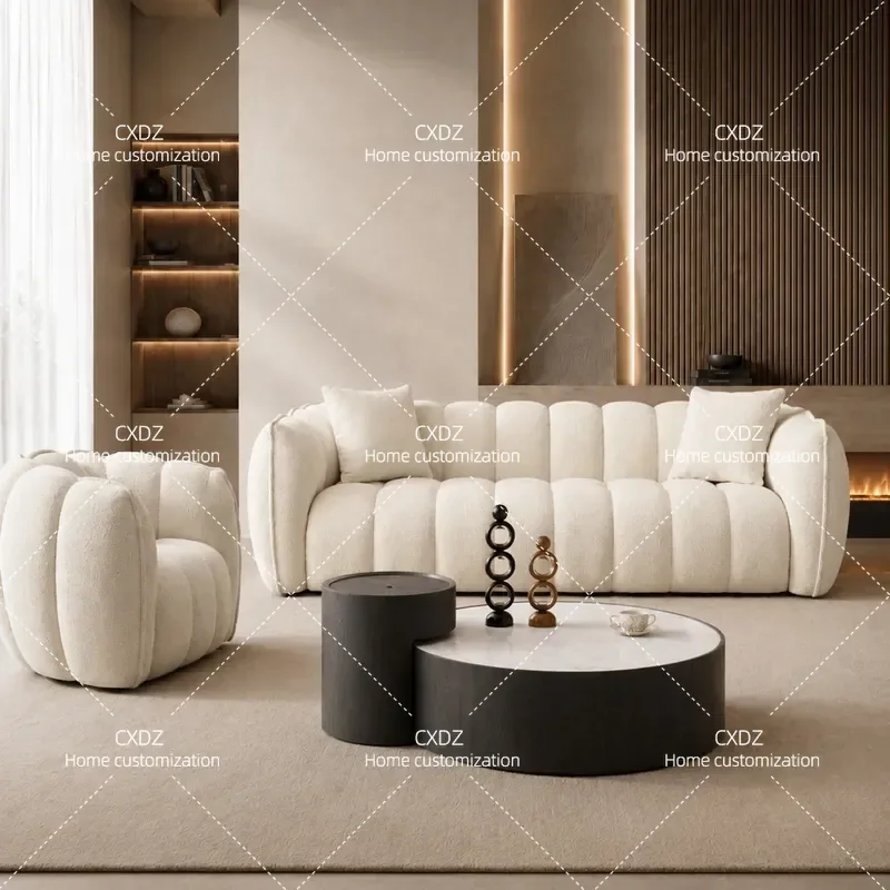 Modern simple lamb wool sofa, living room home cream wind large straight row sofa, three-person cloud sofa