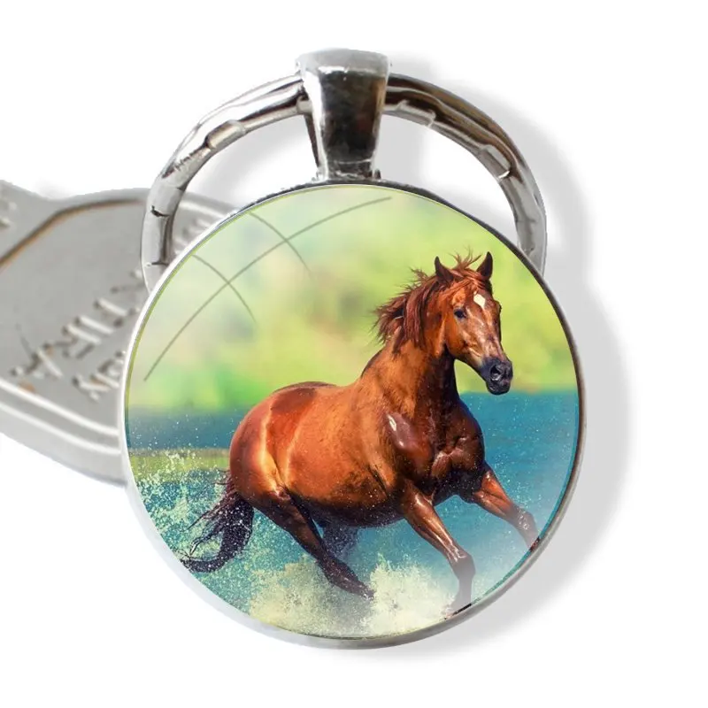 Galloping Horse 25mm Glass Cabohcon Keychain Key Rings for Women Men Jewelry Gift