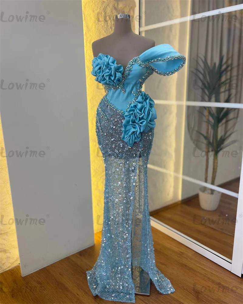 Blue Ruffles Off Shoulder Long Mermaid Evening Dress 2024 Crystals Beaded Birthday Party Dress Second Reception Prom Gowns Robe