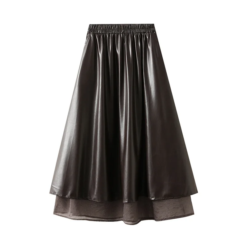 

PU High Waist Skirt Women Elegant Fashion A-line Skirt Winter Women's Black All-match Pleated Skirt Lady