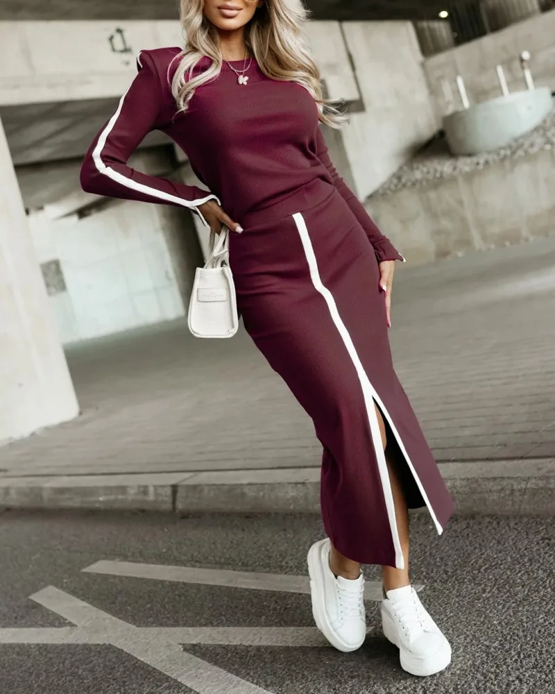 Spring Slim 2ps Women Dresses Set Elegant O-Neck Pullover Casual Top and Slit Front Skirt Set Office Tracksuit