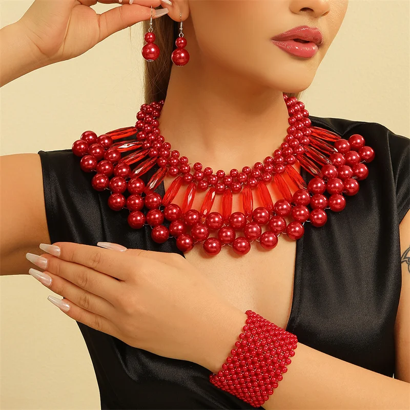 

3 шт./компл., многослойный комплект ювелирных изделий с искусственным жемчугом, вечерние красочные ожерелья, серьги, браслет, комплект для женщин, африканские ювелирные изделия, подарки