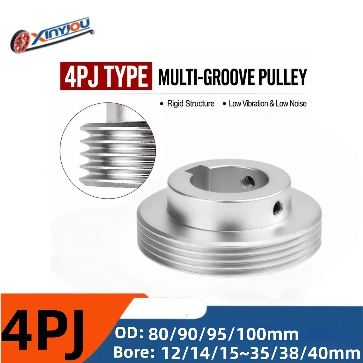4PJ Aluminum Alloy Poly V Belt Pulley80/90/95/100mm OD Bore 14-40mm 4-Rib Serpentine Drive Pulley for PJ Belt Multi-Rib