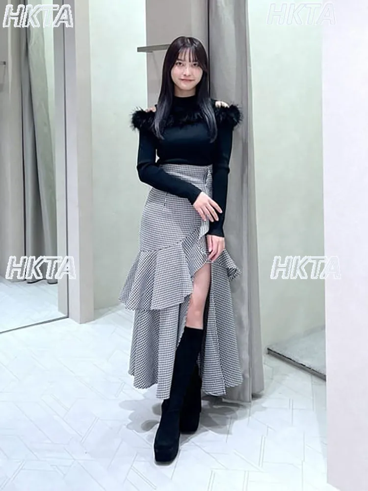 

2026 Spring New Plaid Skirt Japanese Style Ruffled Deep Slit Skirt Women Girls High Waist Elastic Elegant Bodycon Long Skirt