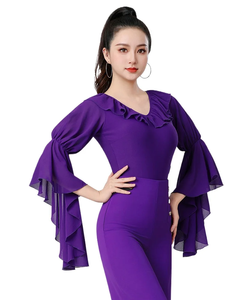 

2025 Latin Dance Top Slim V-neck Ruffled Floating Sleeve Jumpsuit New Women's Modern Dance Practice Clothes