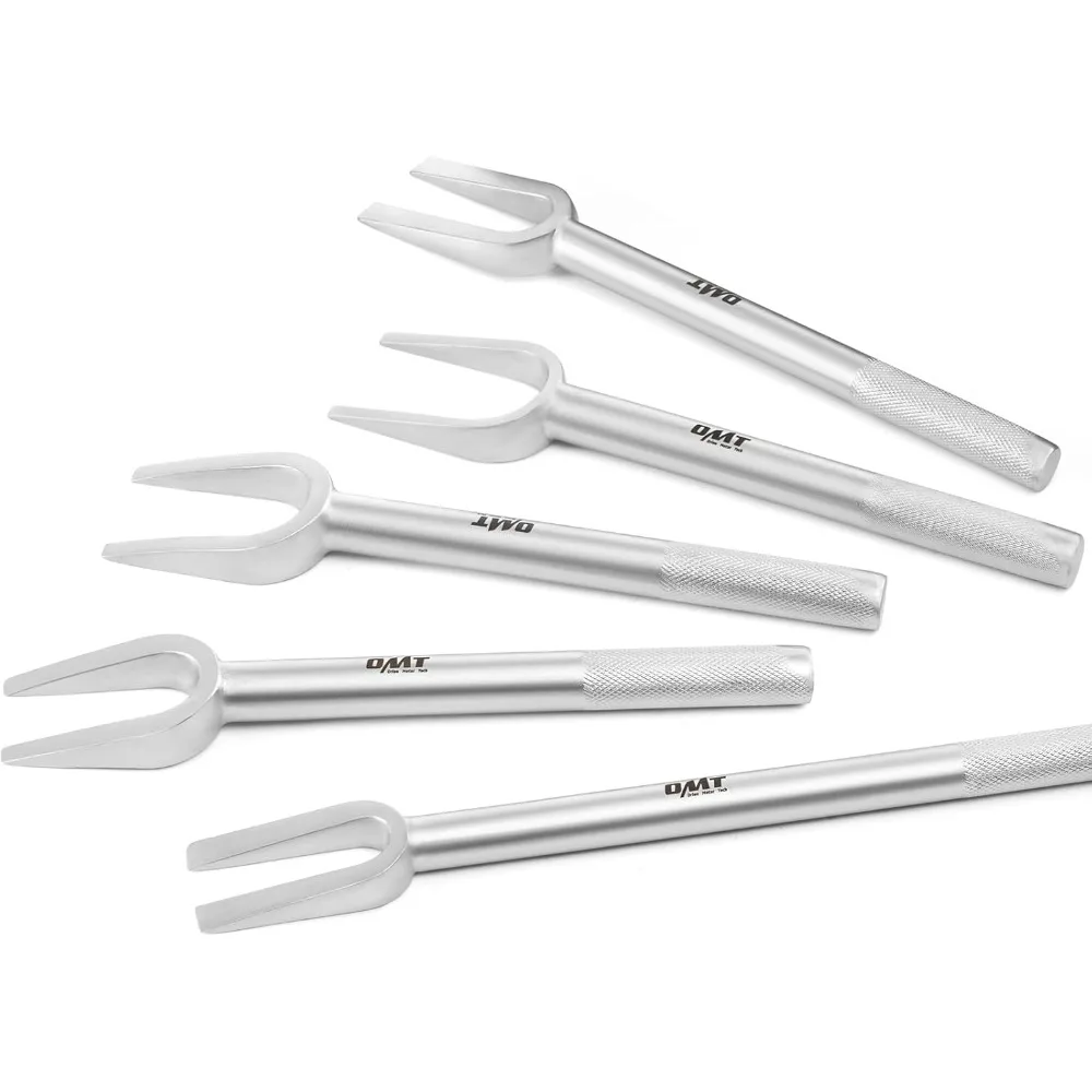 

Набор автомобильных инструментов из 5 предметов: вилка, сепаратор шарового шарнира, рычаг питмана и набор для снятия рулевой тяги.