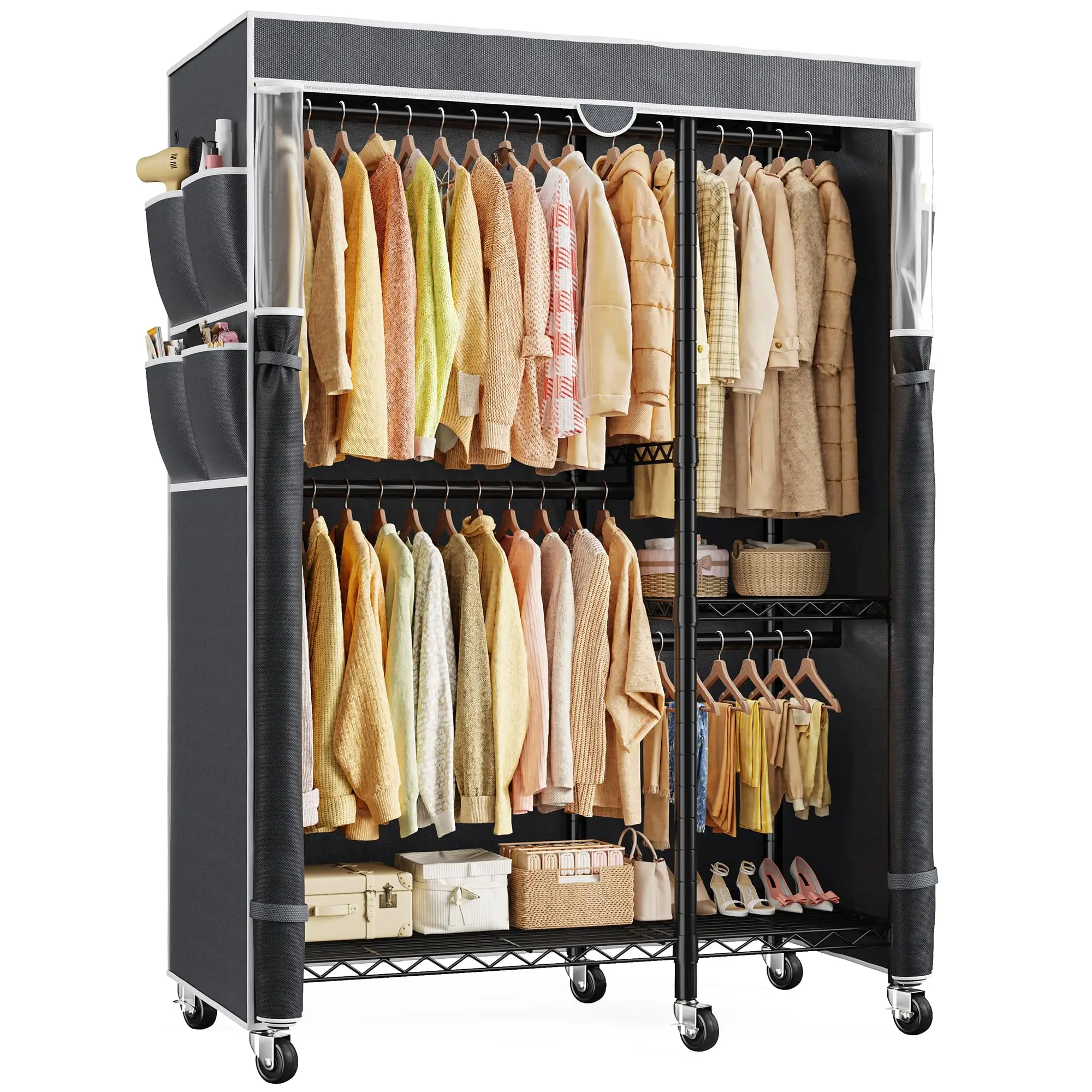 Clothes Rack with Cover, Rolling Portable Closet, 4 Hanging Zones