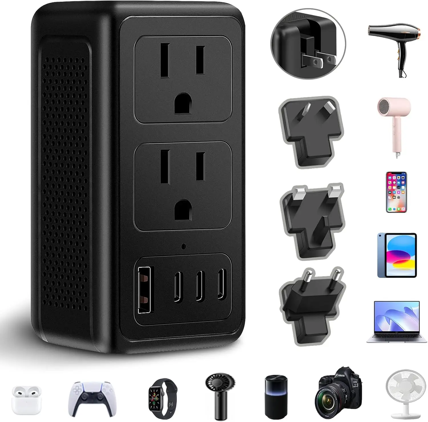 

Преобразователь напряжения 2000 Вт, 220–110 В, дорожный адаптер питания с 1 USB A и 3 типа C для 160 стран