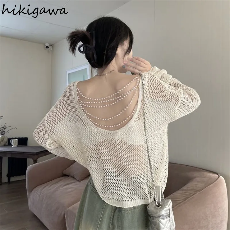 Knitting Thin Pullovers Women Clothing Long Sleeve Slash Neck Jumper Beading Backless See Through Y2k Sweater Tops Sueter Mujer