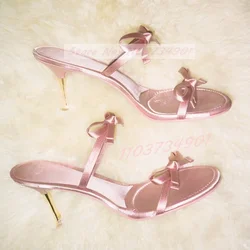 Bowknot Pink Satin Heeled Mules Women Stylish Casual Party Outdoor Round Toe Stiletto Slippers Female Concise Elegant Chic Shoes