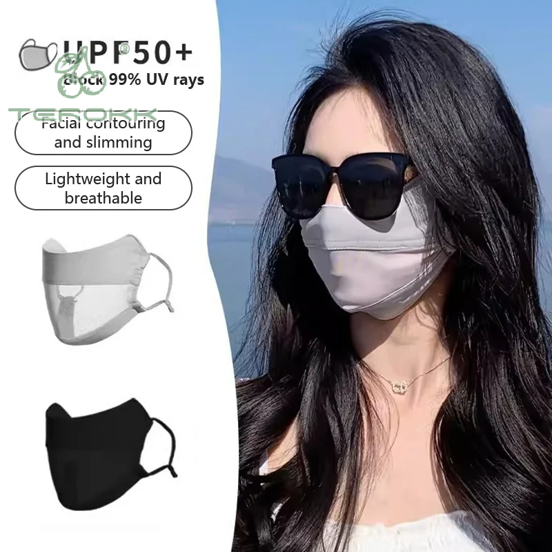 Máscara de seda de gelo respirável fina para mulheres, capa facial de malha, proteção solar, macia, ajustável, anti-UV, ciclismo, corrida, esporte