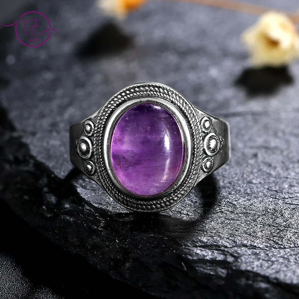 

8x10MM S925 Sterling Silver Amethyst Ring Gemstone Ring Fine Jewelry Party Anniversary Birthday Gift for Women