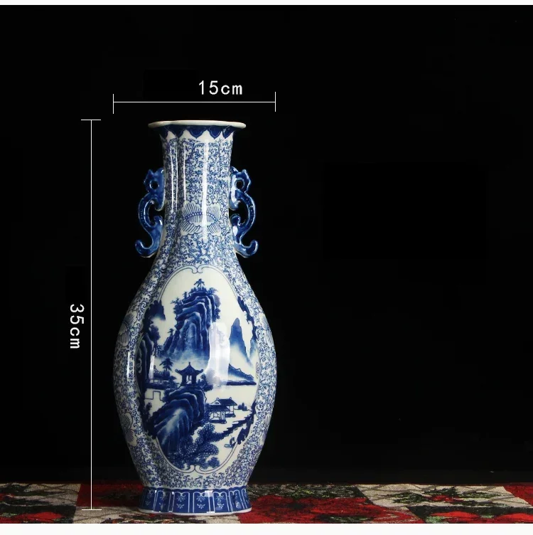 Oriental Blue And White Ceramic Vase With Handles Ming And Qing Dynasty Landscape Design For Cabinet