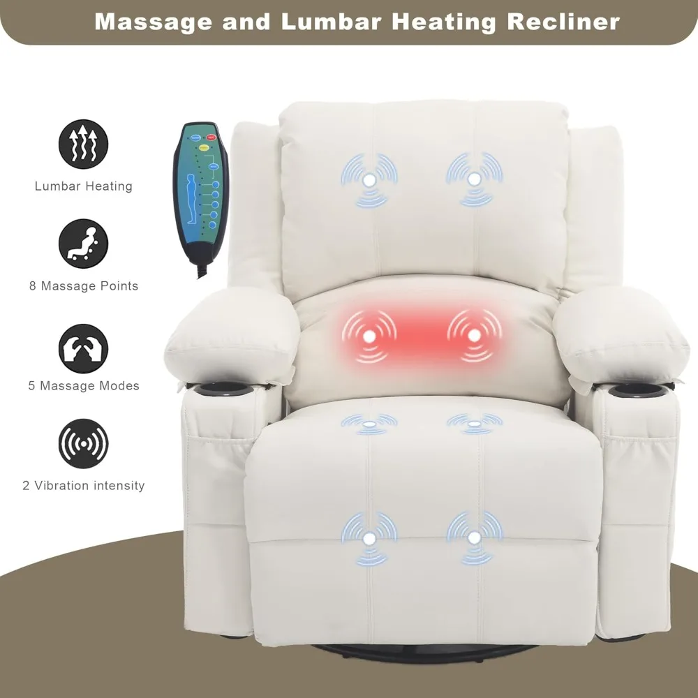 Kursi Pijat Putar Recliner dengan Pemanas Lumbar, Kursi Recliner Kulit PU Tebal untuk Ruang Tamu, Kursi Goyang Tunggal Modern