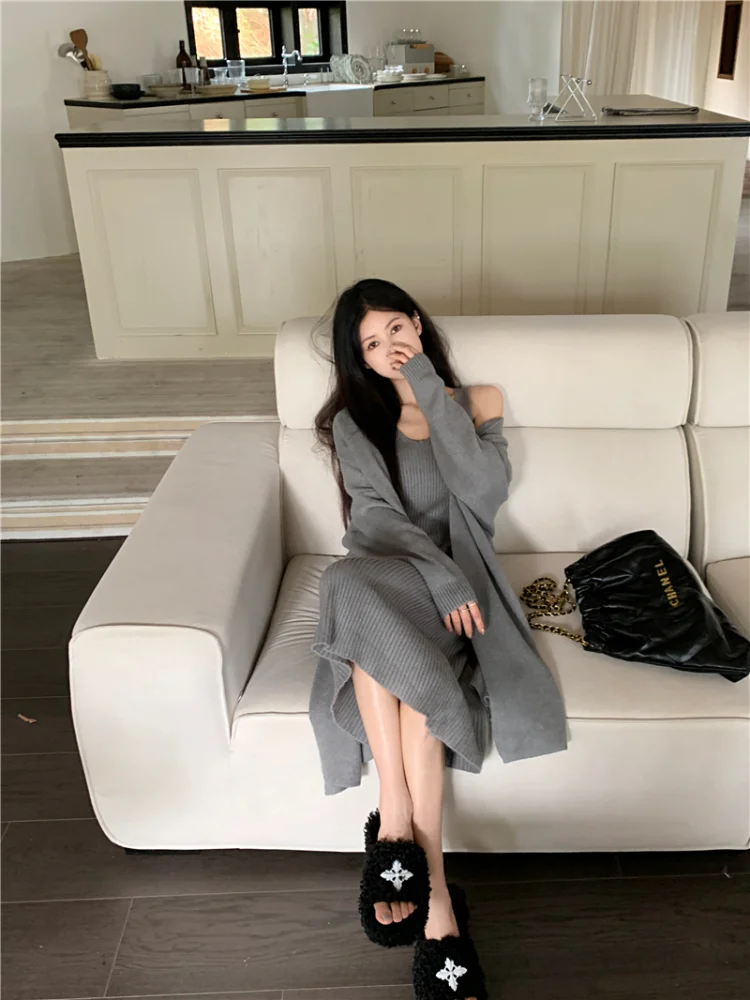 Fall/Winter Fashion Lazy Wind Vintage Two Piece Knitted Dress Sets Temperament Sweater Cardigan Jacket + Halter Dress Outfits