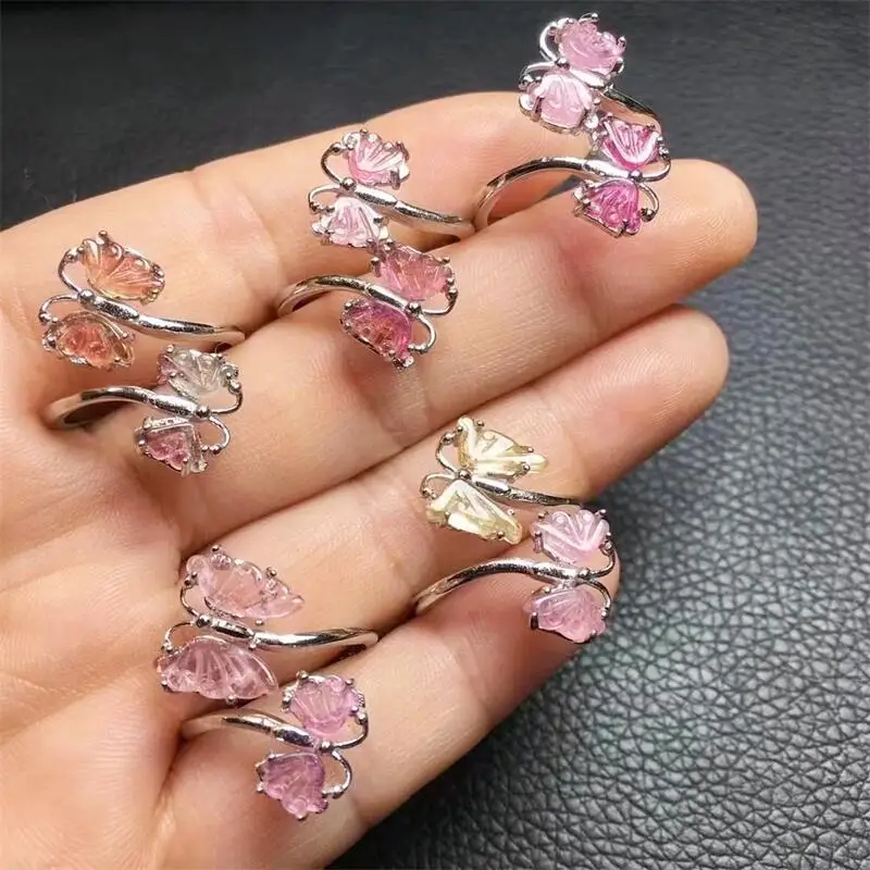 S925 Natural Tourmaline Rings Healing Energy Crystal Trendy Creative Finger Jewelry For Women Party Gift 1pcs