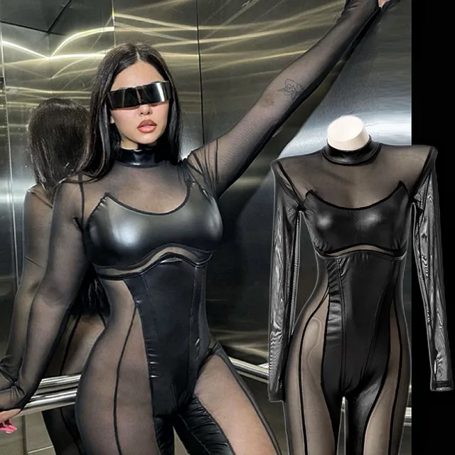 Cat Woman Agents Combat Uniform Black Punk Tight Jumpsuit Cosplay Movie Game Virtual World Alien Robot Mesh Hollow Bodysuit New