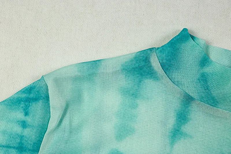 2025 Autunno Donna Tie Dye Stampa Sheer Mesh Bodycon Maxi abito Mezza collo alto Manica intera Twist Increspato Slim Club Party Abito lungo