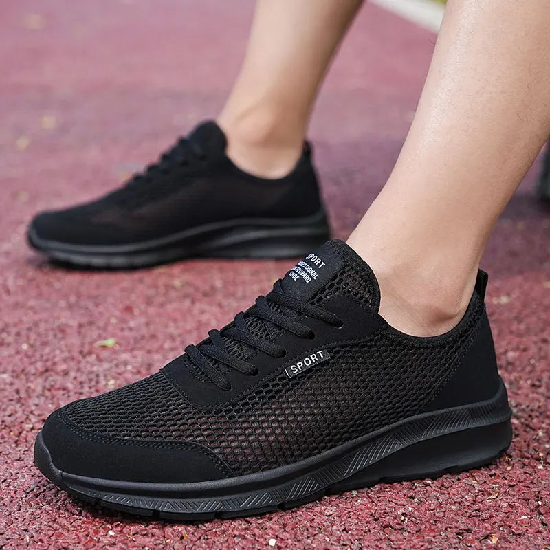 Men Casual Sneakers Flat Light Summer Breathable Mesh Shoes Male All Black Mesh Footwear Fashion Autumn Tenis Shoes Large Size