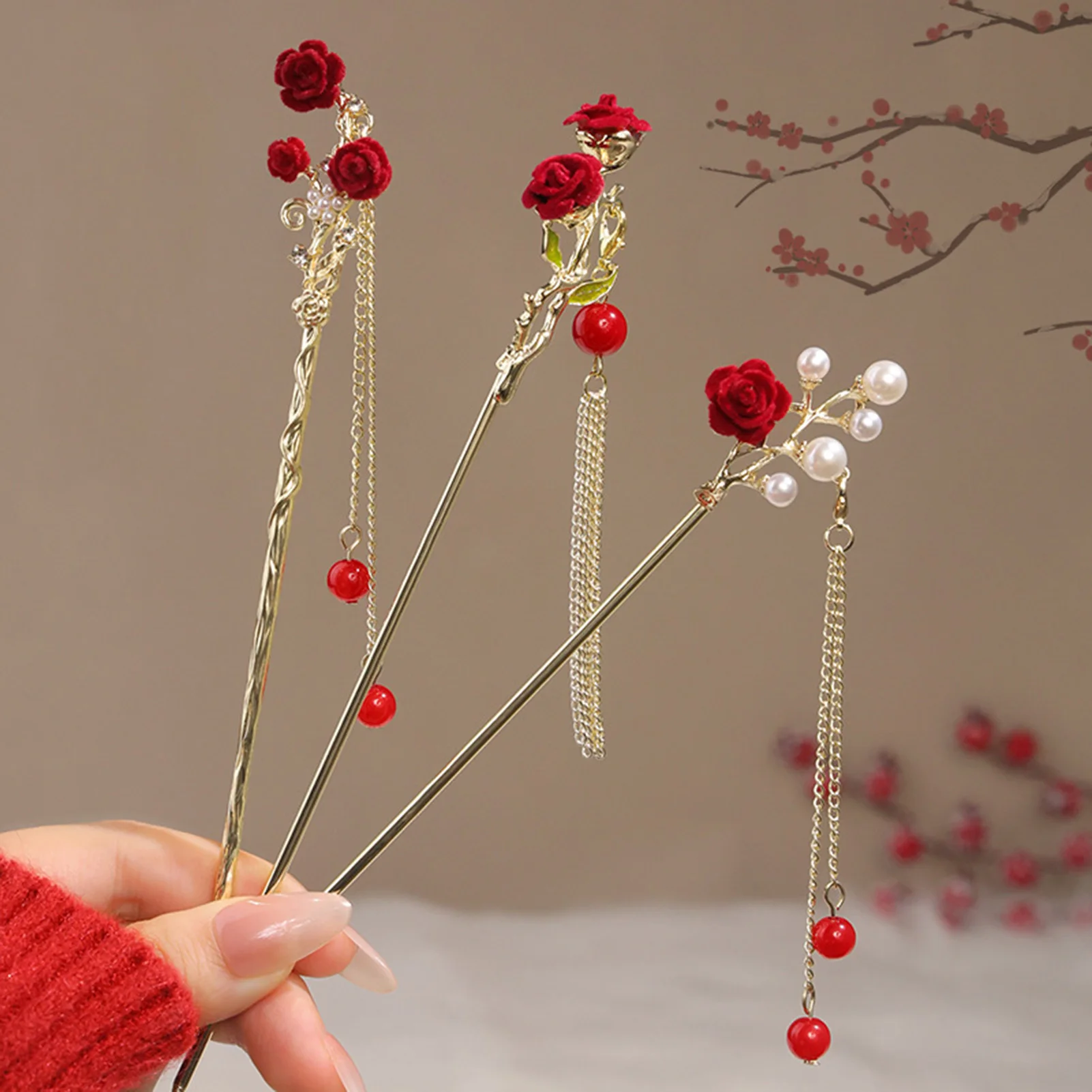 Re Flower Hairpins New Chinese Hanfu Hair Accessories Rose Floral Tassel Metal Hair Stick Cintage Wedding Bridal Hair Clasp Gift image 3