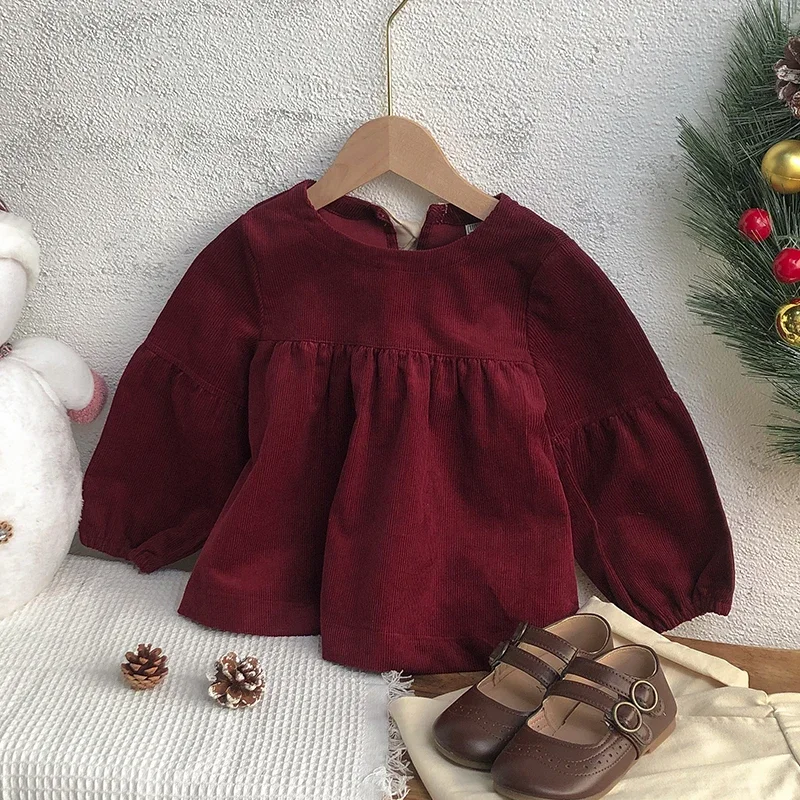 Chic Christmas Burgundy Long Sleeved Blouse Girls Autumn And Winter New Corduroy Bubble Sleeve Shirts Children\'s Clothing