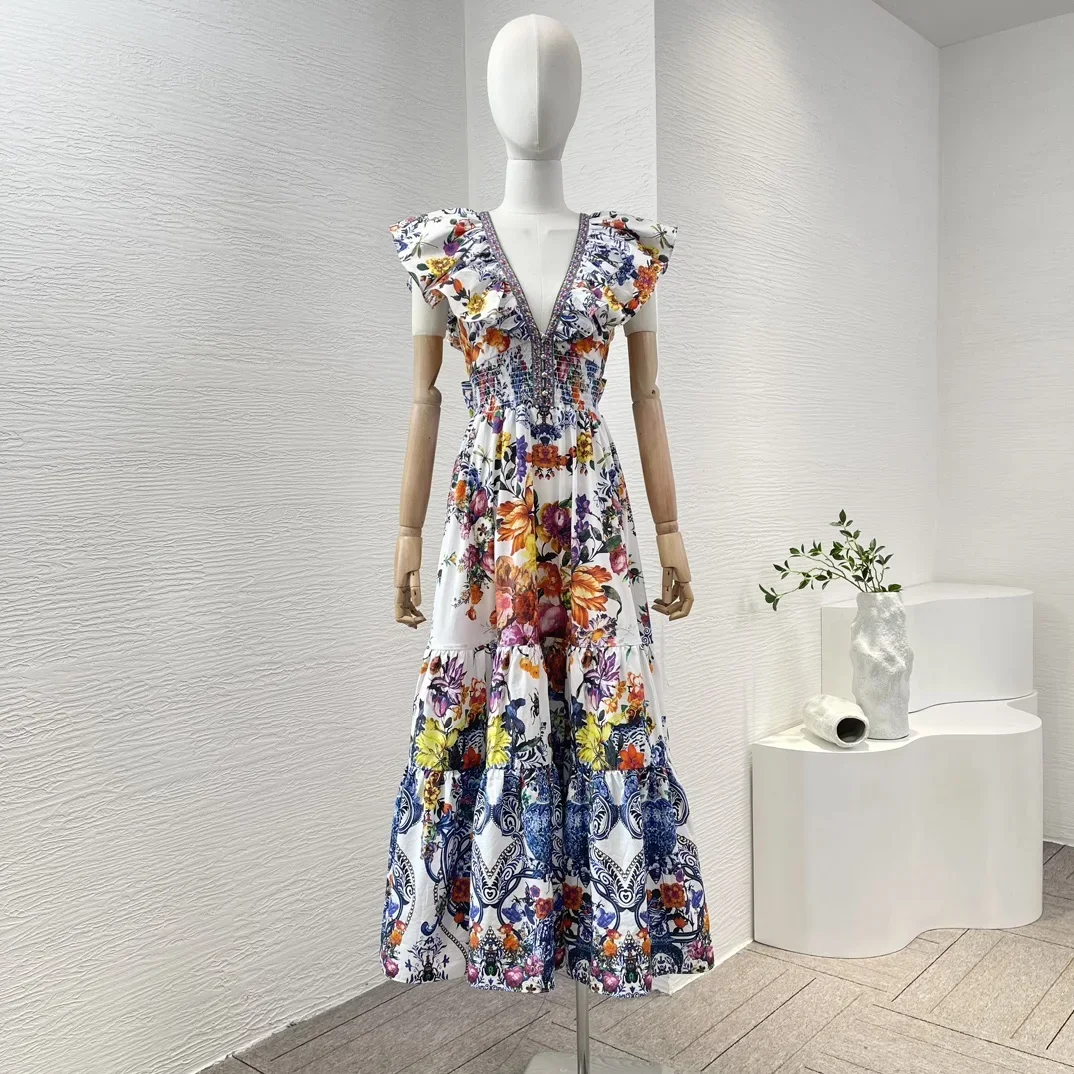 

Cotton Shirred Multi-color 2024 New Sleeveless Diamonds Pressed Hollow Out Backless Self Bow Tie V-neck Women Midi Dress