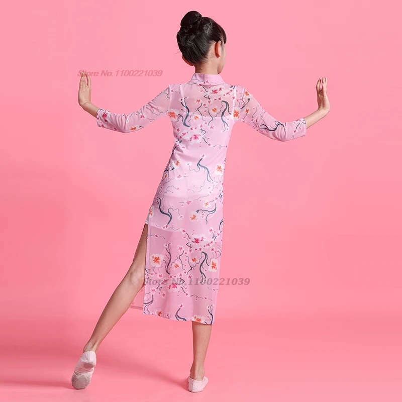 2025 chinese vintage children dance dress flower print qipao cheongsam dress traditional stage performance dance qipao dress