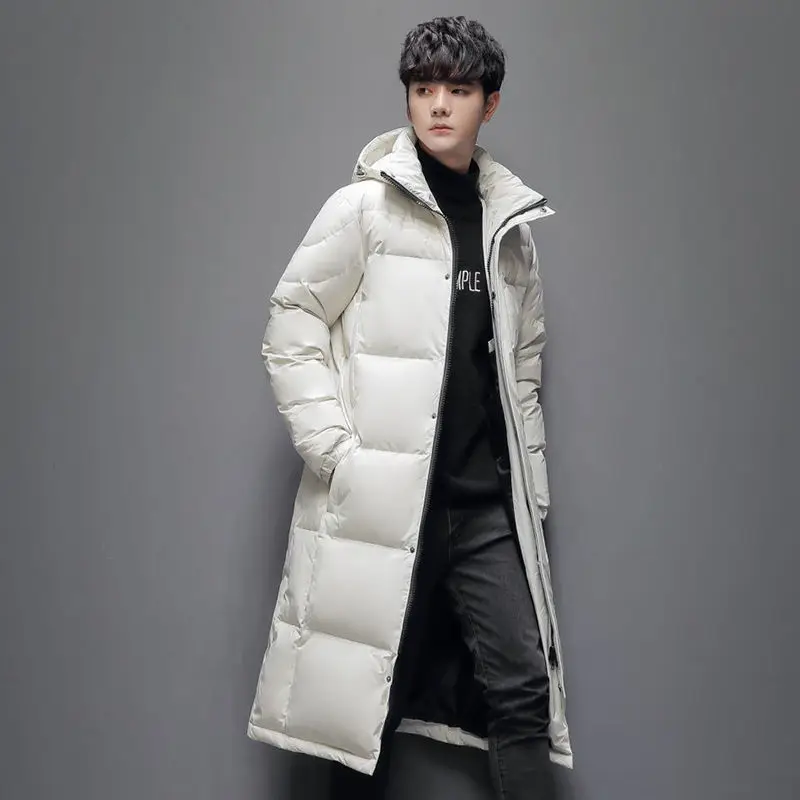 Winter Korean Men Long Down Coats 2023 New Fashion White Duck Plush Thicken Warm Overcoat Hooded Hat Detachable Male Jacket