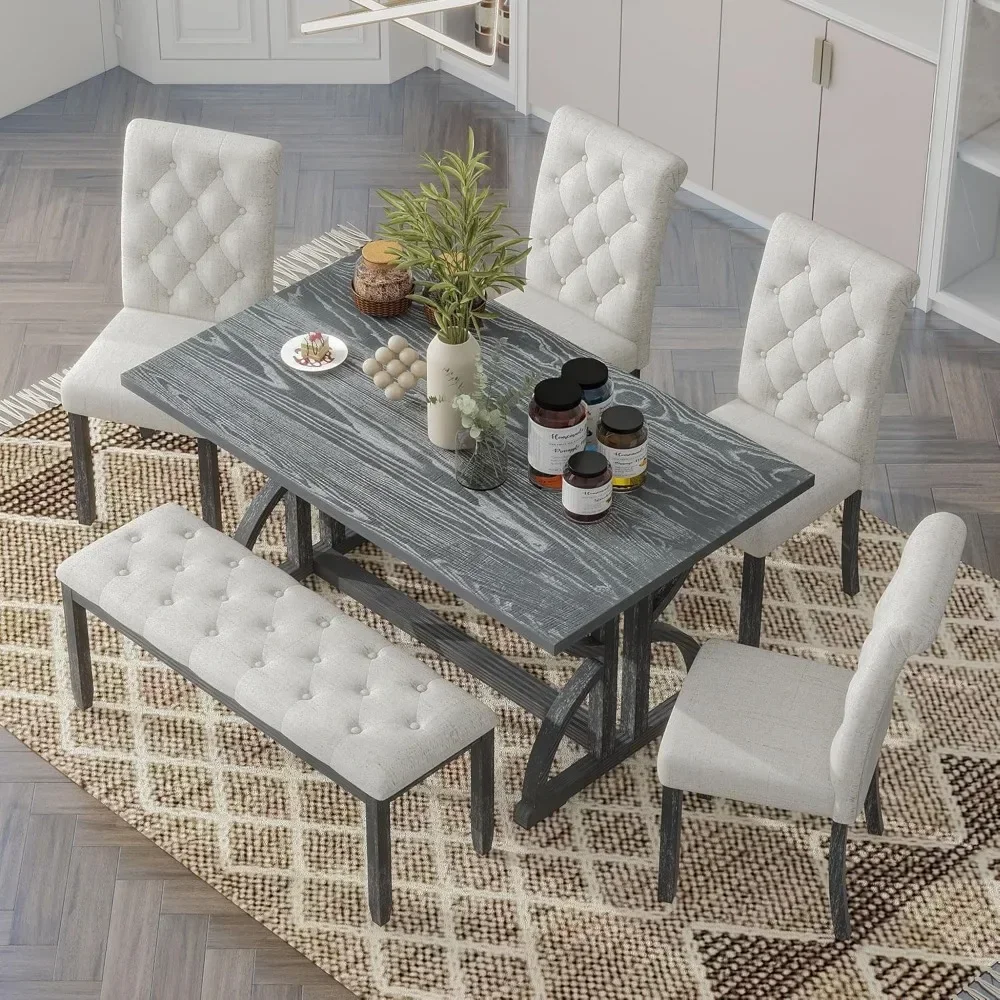 6-Piece Dining Table Set, Tables with Legs and 4 Upholstered Chairs & 1 Bench, Dining Table Set