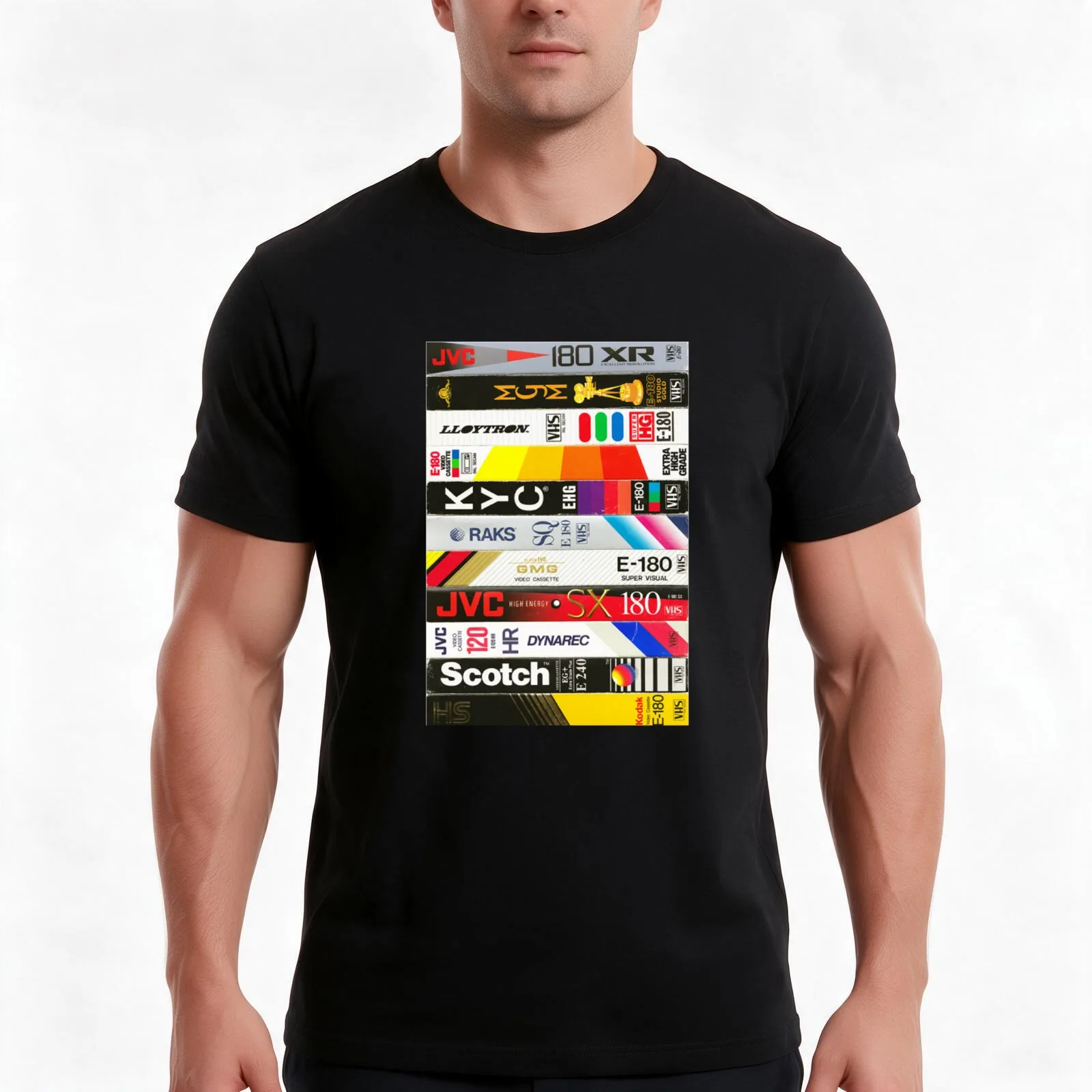 vhs tape stack shirt T-Shirt, Summer Casual Cotton Tee, Oversized Streetwear Tops, Vintage Graphic Print, Loose Fit Short Sleeve