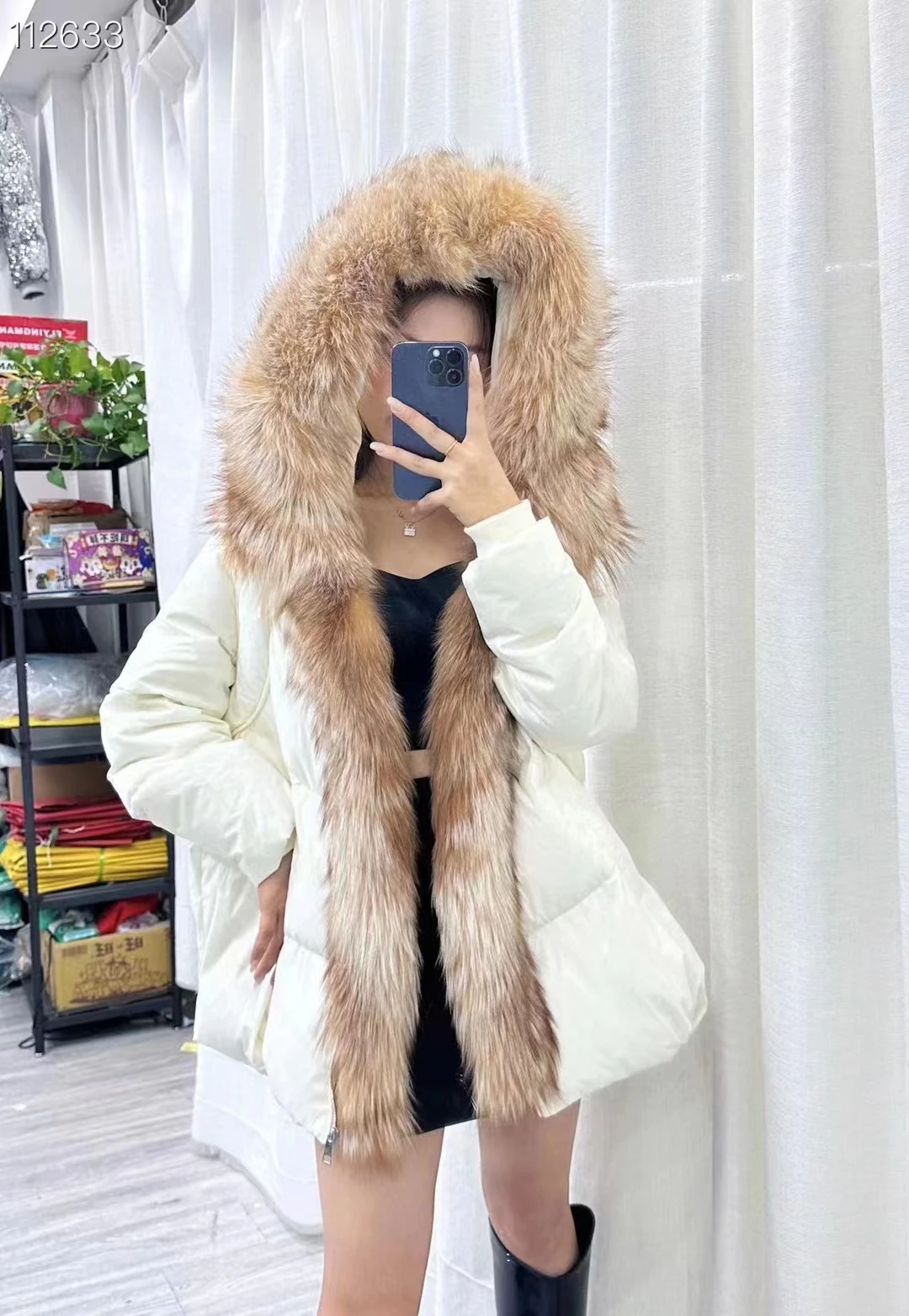 FURYOUME Women Winter Hooded Coat White Duck Down Jacket With Big Real Silver Fox Fur Trim Female Loose Outerwear