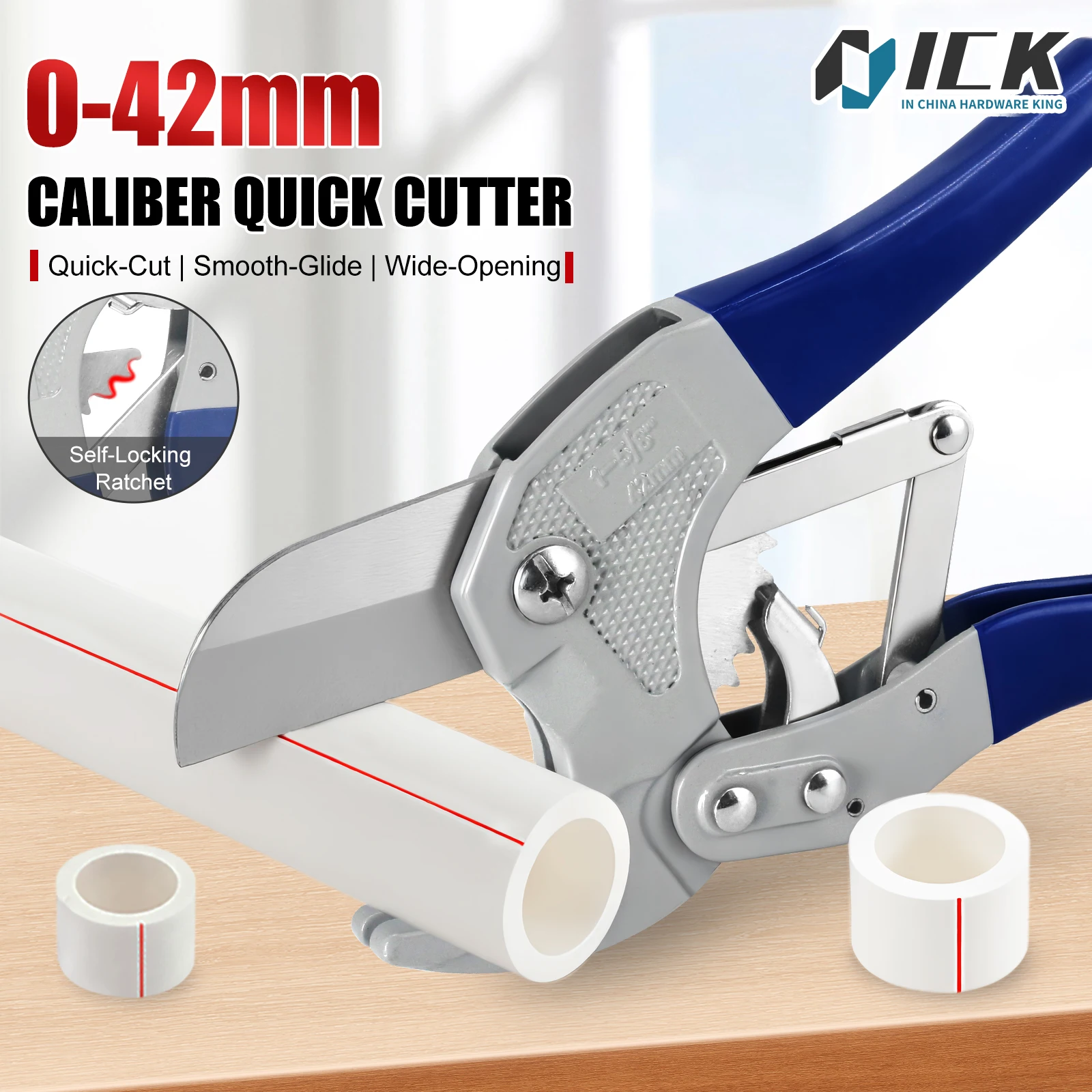 

0-42mm Self-Locking Ratchet Pipe Cutter Quick-Cut Wide-Opening SK5 Steel Blade Aluminum Die Casting Body Comfort Grip