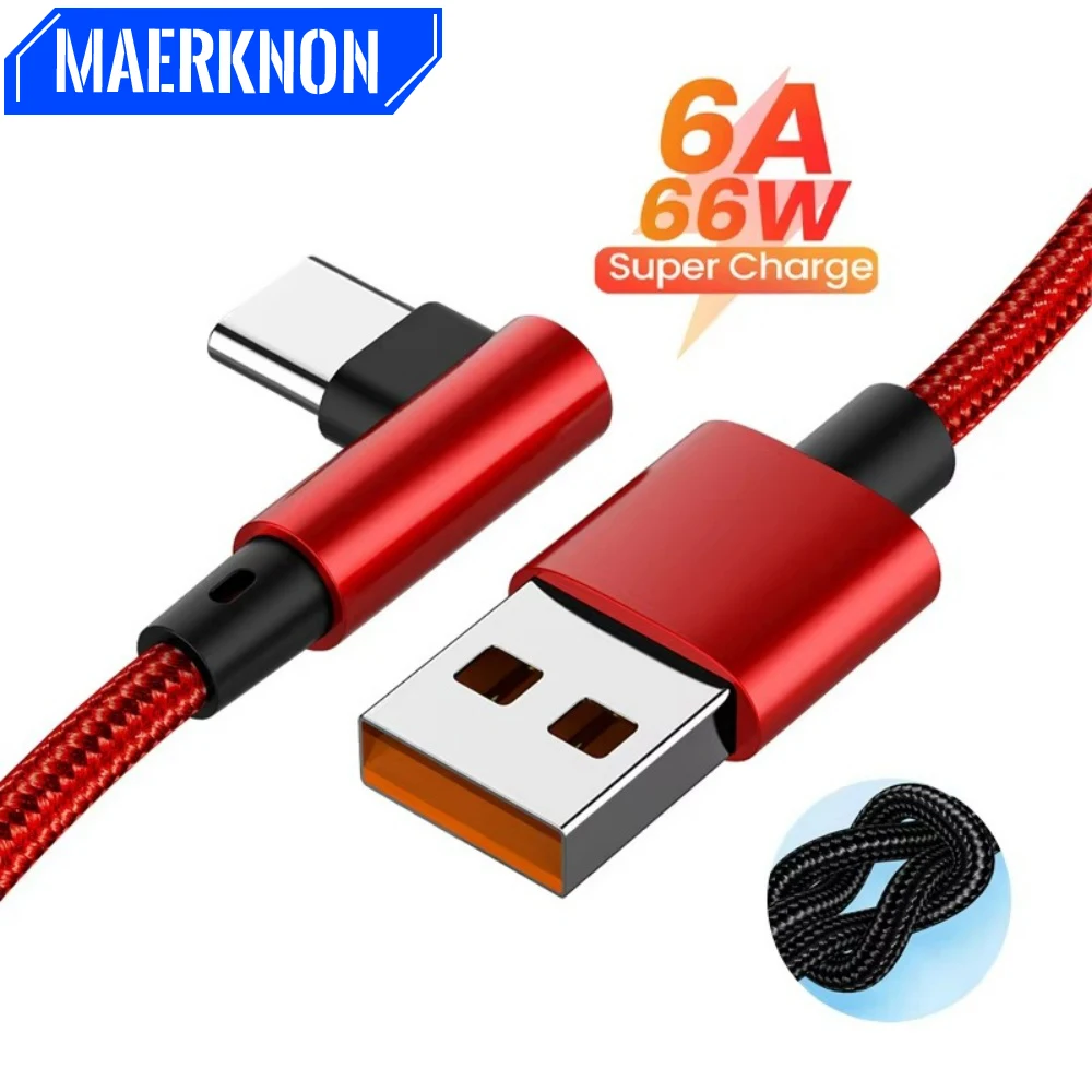 

6A 66W 90 Degree Elbow Ultra-Fast Charging Cable Wire Adapter For Samsung S24 S23 Xiaomi 14 USB Type C Braided Data Cable Wire