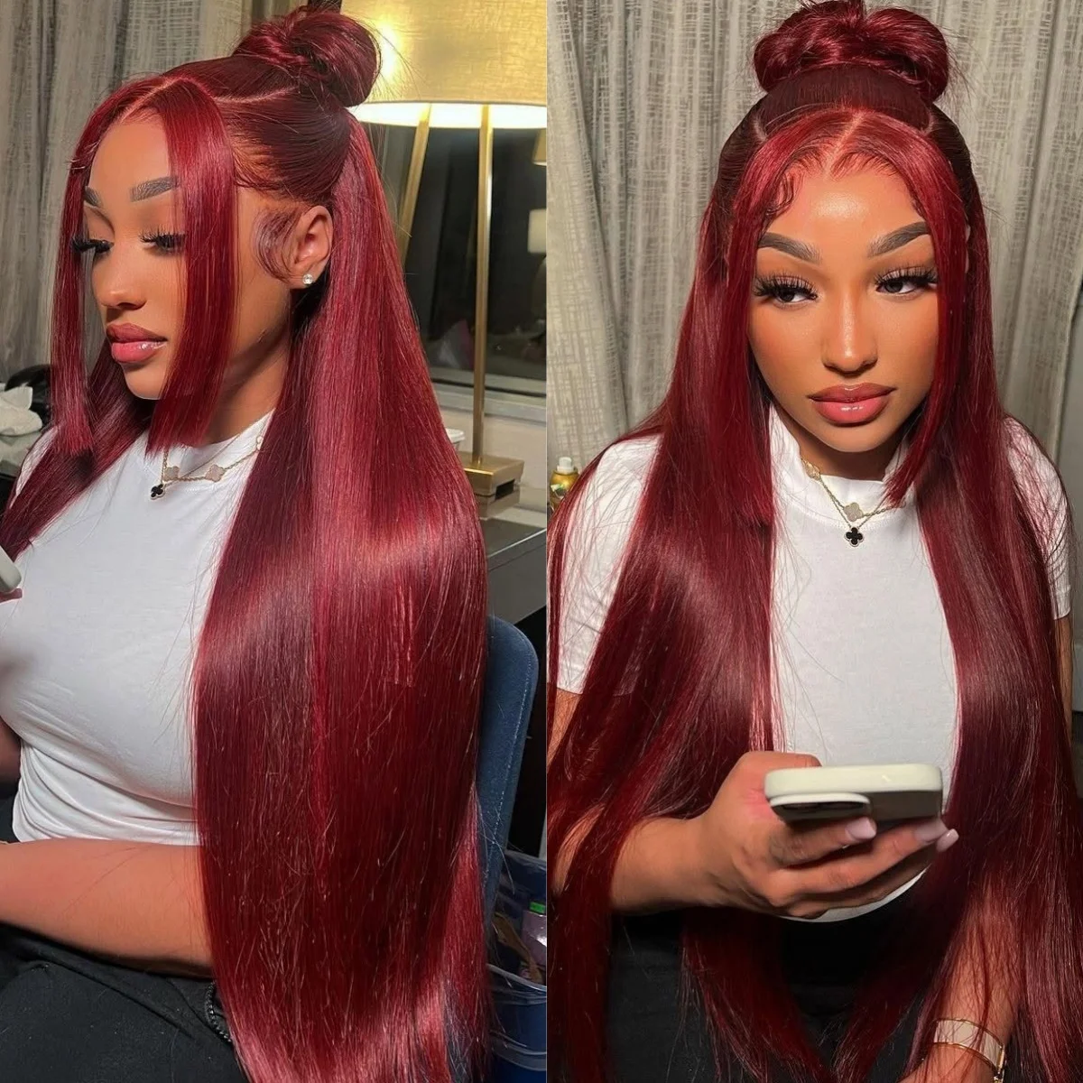 Peluca de cabello humano liso de 13x4, postizo de encaje Frontal, Color rojo vino, predesplumada, 200de densidad, Borgoña 99J