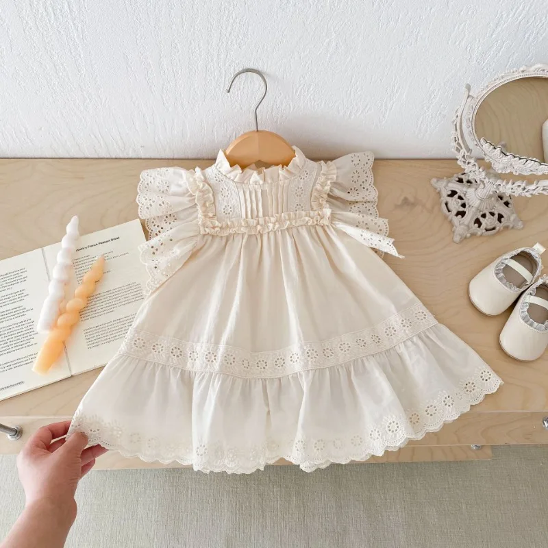 Summer Newborn Infant Baby Girls Lace Dresses Muslin Puff Sleeve Casual Cotton Loose Dress Kids Fashion Daily Baby Clothing