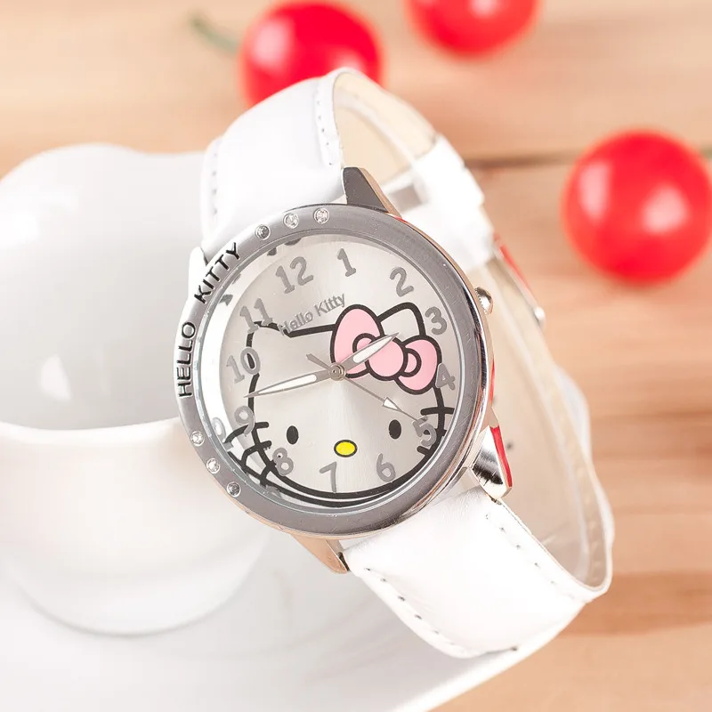 Sanrio Hello Kitty Quartz Watch Rhinestone Leather Strap Wristwatch for Women Teens, Cute Anime Timepiece Valentine Gift