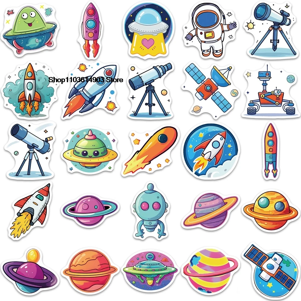 50PCS Cute Cartoon Outer Space Plants Rockets Stickers Creative Decoration Mobile Phone Laptop Computer Tote Case Sticker