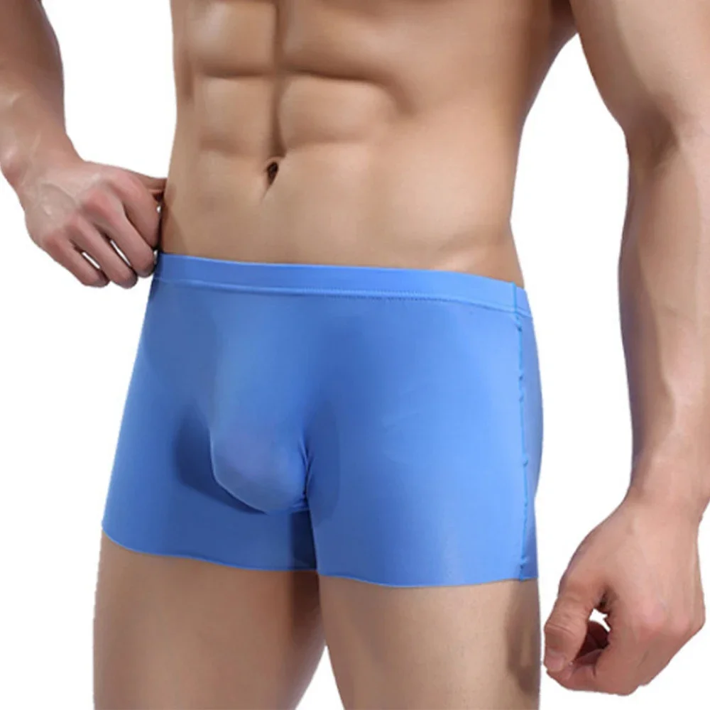 Mens Sexy Ice Silk Low Rise Pouchs Briefs Seamless Ultra-Thin Sheer See-Through Underwear Trunks Smooth Men\'s Shorts