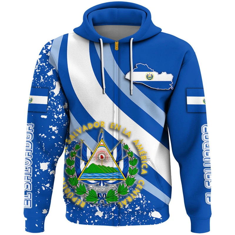 

El Salvador Flag Map 3D Print Zip Up Hoodies For Men Clothes National Emblem Hoody Tracksuit Fashion Boy Zipper Hoodie Women Top