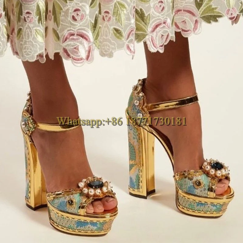 

Pearl Rhinestone Platform Thick Heel Sandals Woman Summer 2023 Peep Toe 14Cm High Heel Retro Baroque Fashion Shoes for Women