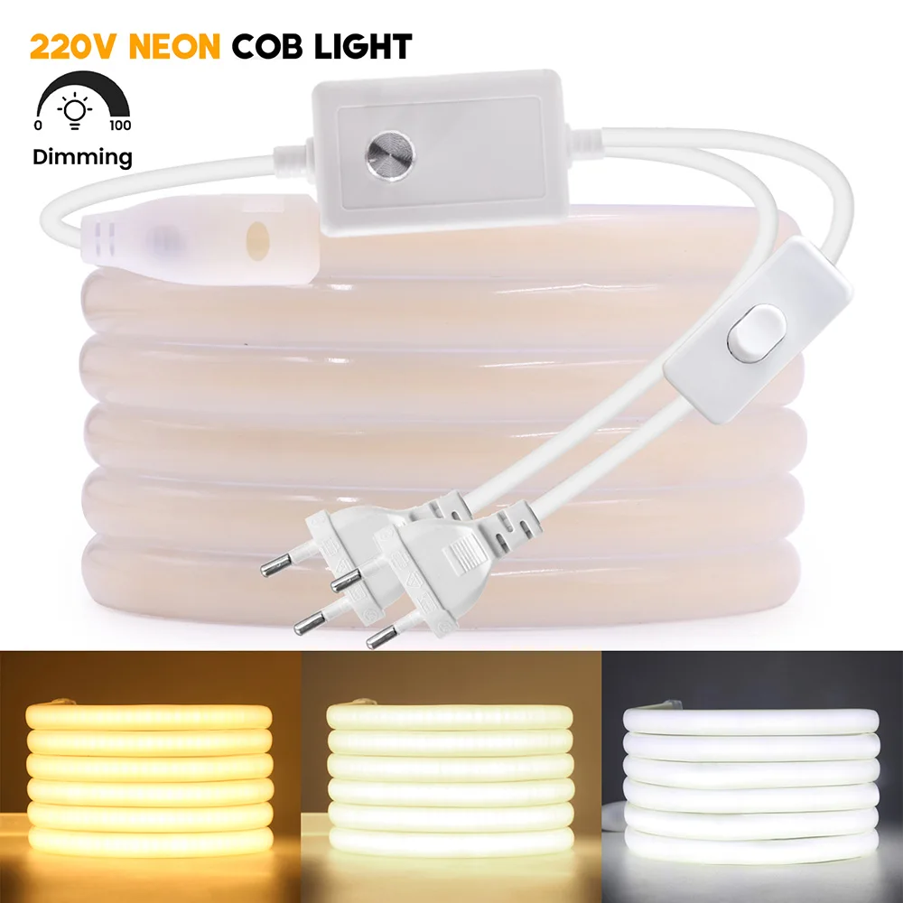 220V Dimmable COB LED Neon Strip Light Dimmer Switch Power Kit High Density 288 LEDs Linear Lighting IP67 Waterproof Flex Ribbon