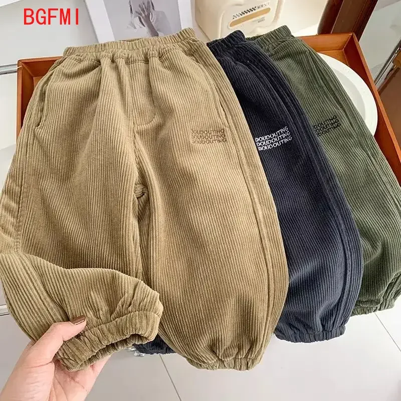 2-10Y Boys' One-piece Velvet Pants for Winter Warmth Leg Binding Pants Children's Corduroy Elastic Soft and Thick Casual Pants