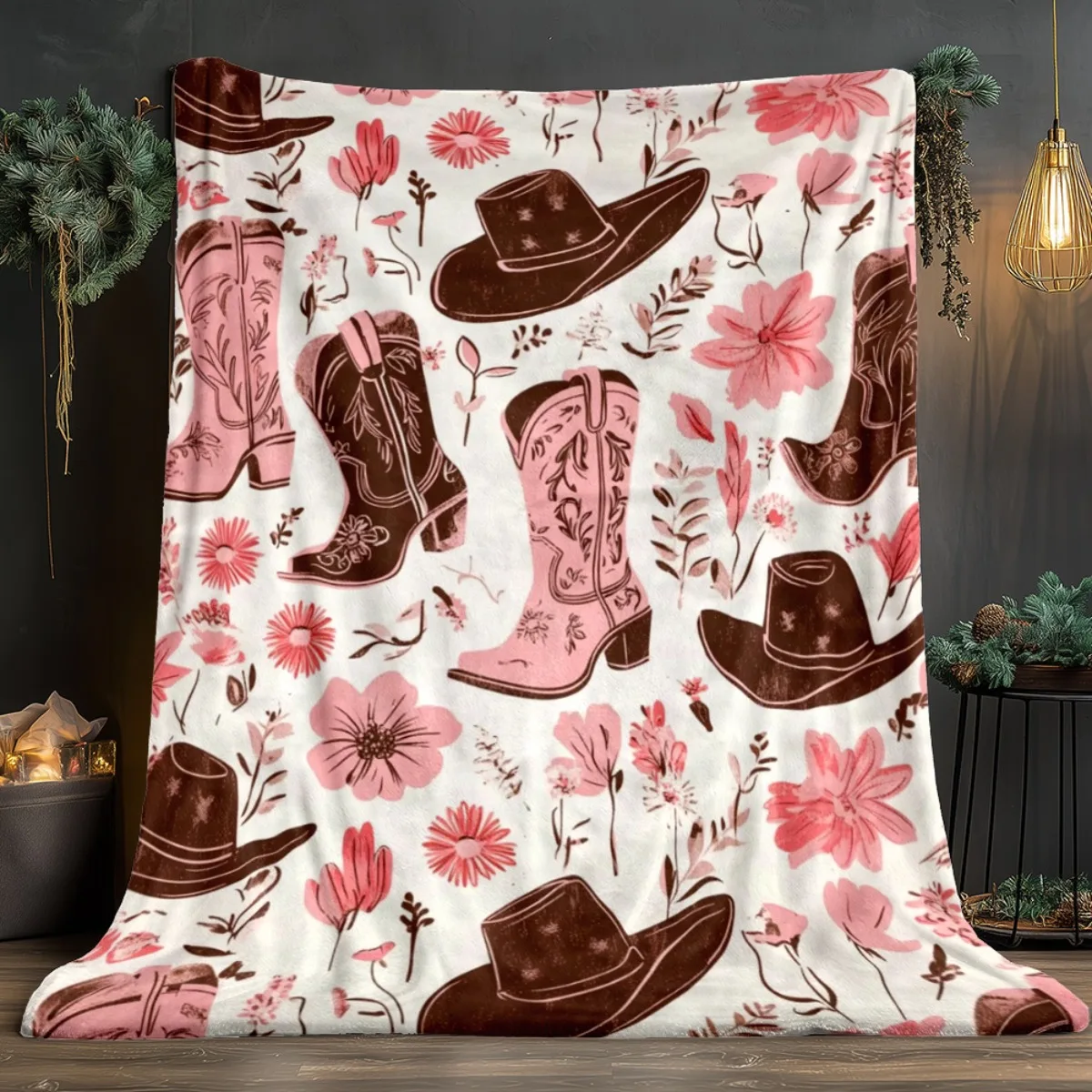 

1pc Western Cowboy Boots & Hats Throw Blanket - Soft Flannel Lightweight All-Season Bedspread - Pink & Brown Cowgirl Design