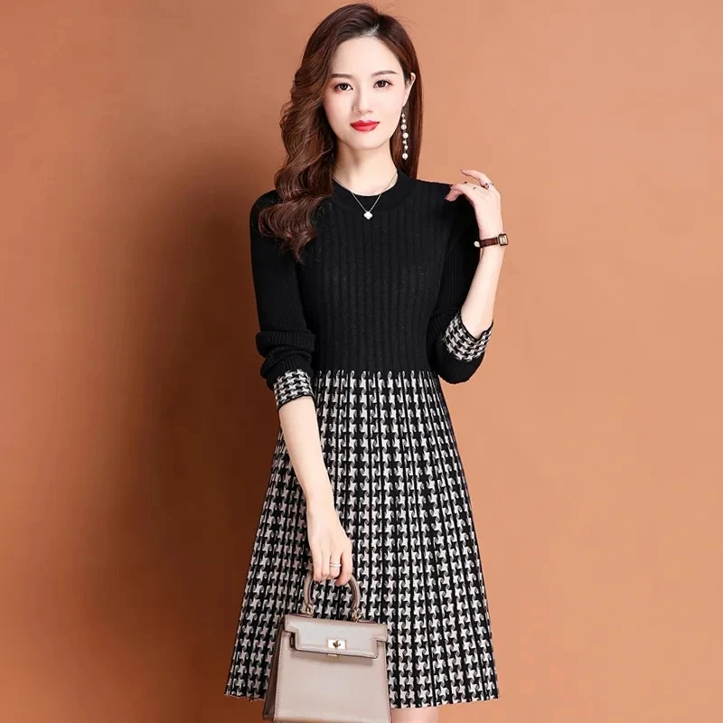 Vestido largo medio con cuello redondo para mujer, suéter con abrigo y vestido ajustado hasta la rodilla, primavera y otoño, novedad de 2024