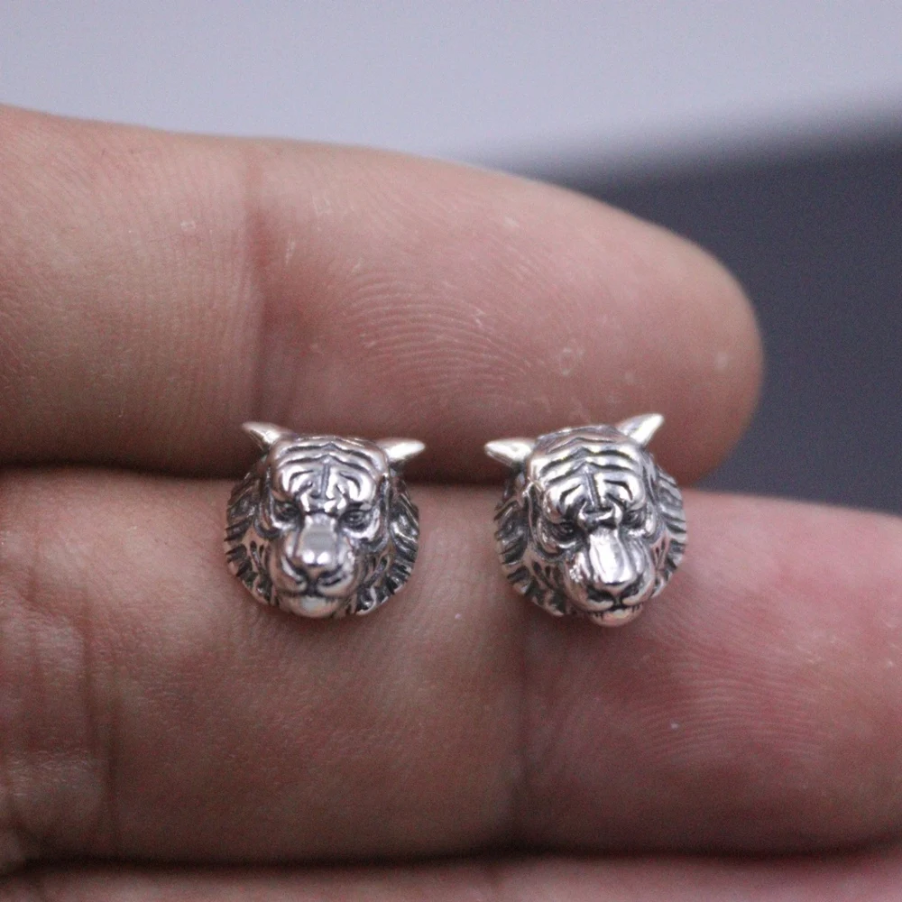 

Real Solid 925 Sterling Silver Stud Men Women Gift Lucky Carved Tiger Head Earrings