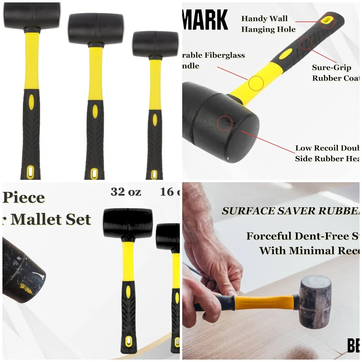 

- Rubber Mallet Set - 3 Sizes (8 oz, 16 oz, 32 oz) - Durable Low Recoil Rubber Heads with Sure Grip Fiberglass Handles