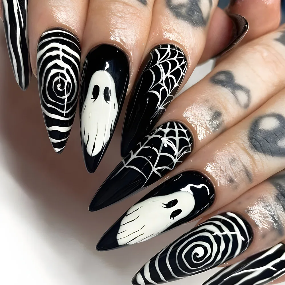 24Pcs Halloween Press on Nail Ghost Water Drop False Nail Threaded Personalized Ghost Face Fake Nails For Women and Girl