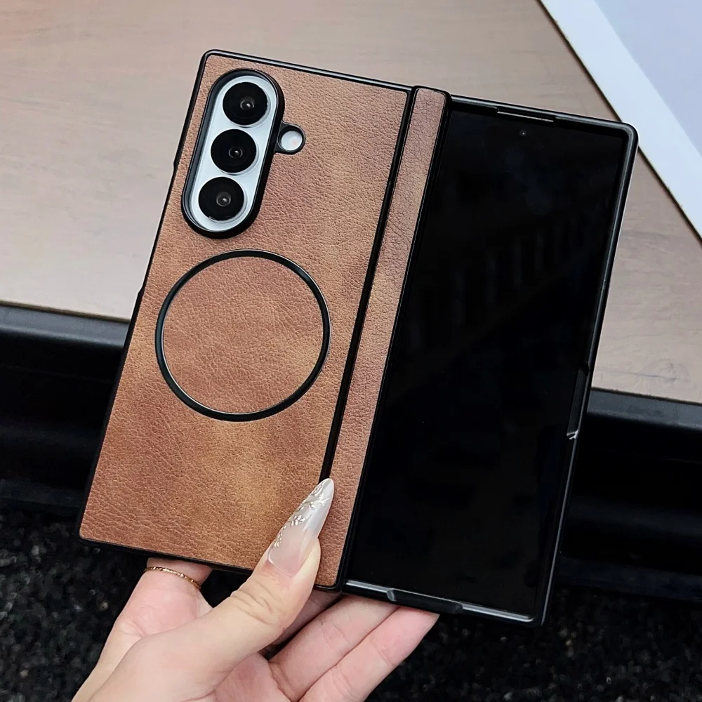 

Luxury Leather Magnetic Hinge Phone Case For Samsung Galaxy Fold 7 6 5 4 3 5G Wireless Charge Hard Soft Silicone Bumpe